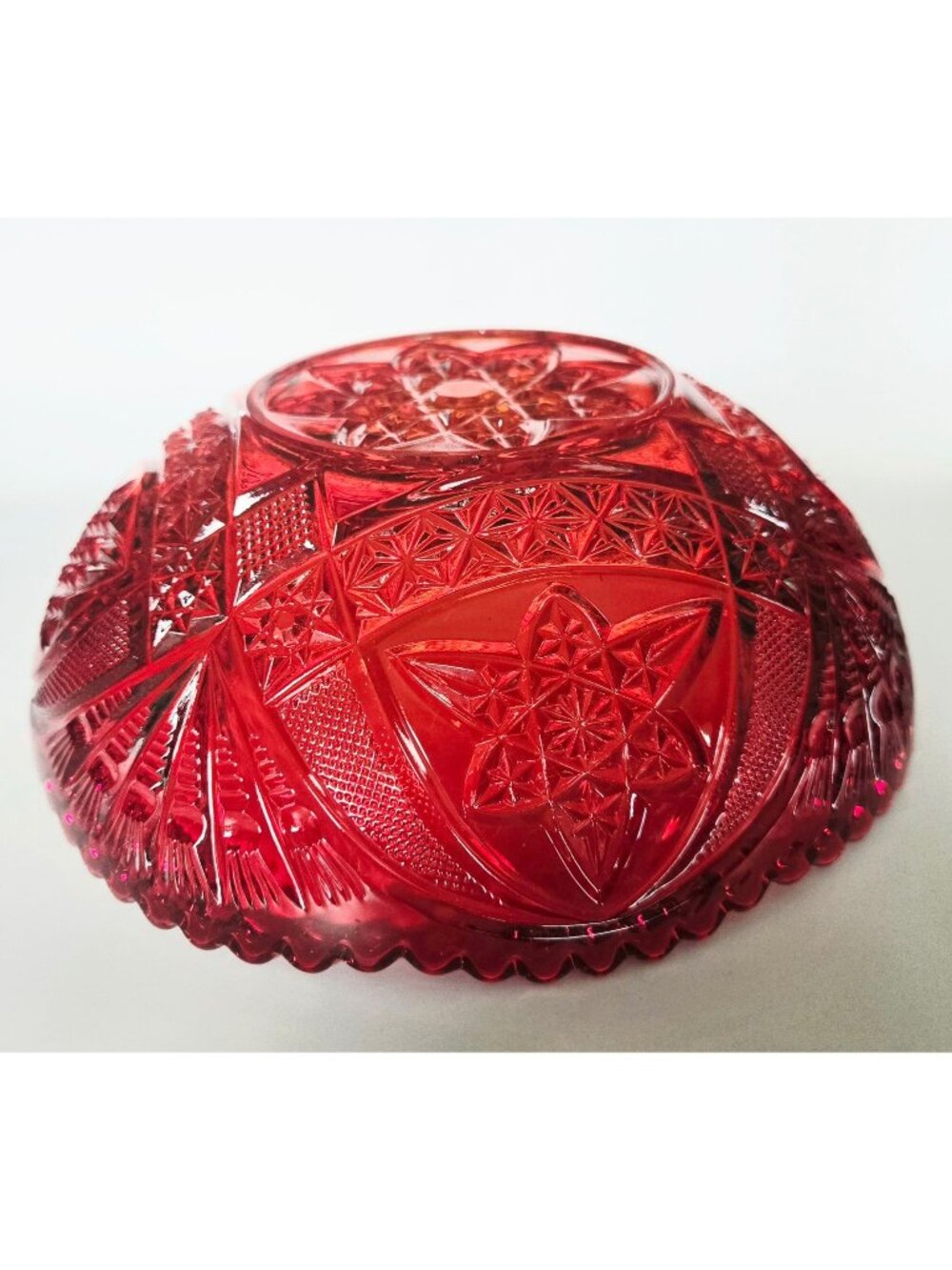 Vintage Brockwitz Amberina Red Pressed Glass Bowl, Intricate Starburst Pattern A
